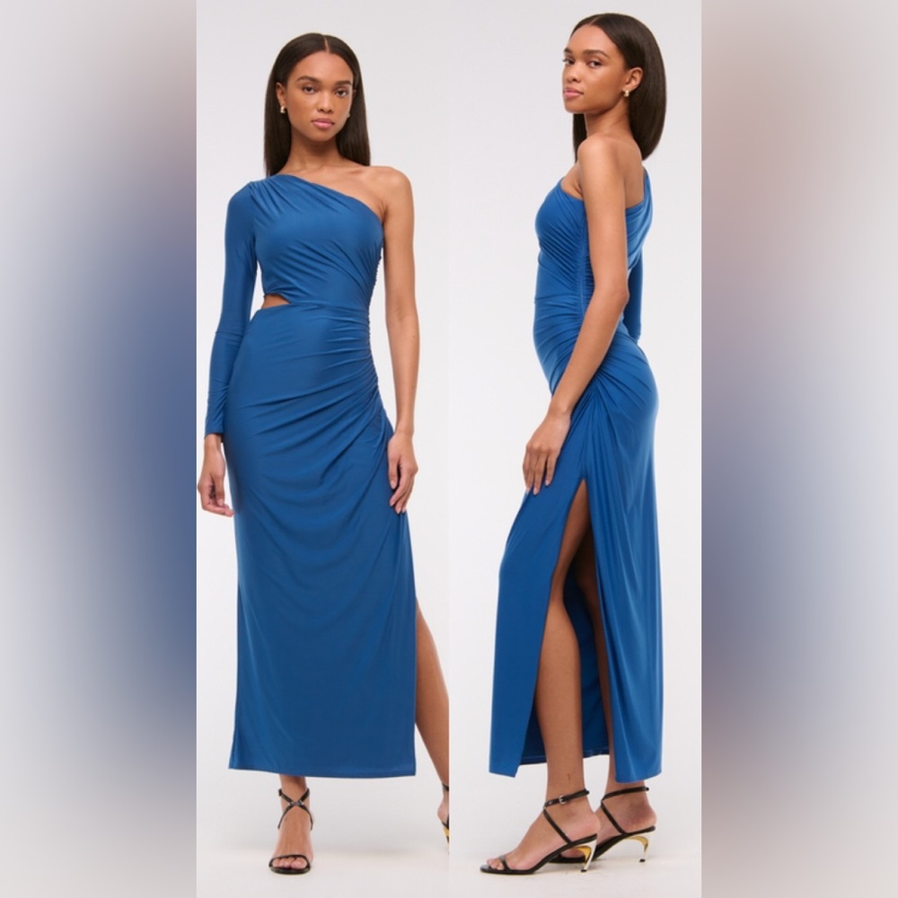 NWT Abercrombie & Fitch One-Shoulder Draped Maxi Dress Cobalt Blue Ruched Sz LP